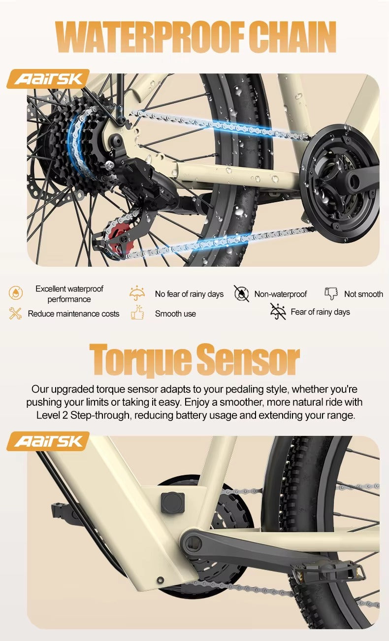 Aairsk SU7 24" Step-Through for Commuting City E-Bike — 24″ Wheels • Up to 52 km Range • Front Suspension • 7-Speed Drivetrain