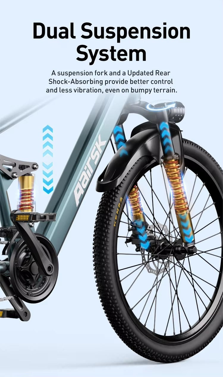 Aairsk GT900 24"/26"  Full Suspension Electric Mountain Bike — US Stock  • Up to 52 km Range • Color LCD & NFC Start