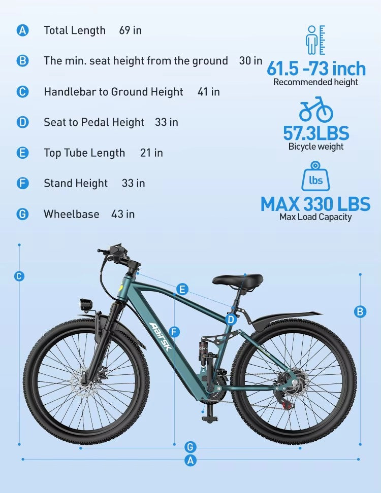 Aairsk GT900 24"/26"  Full Suspension Electric Mountain Bike — US Stock  • Up to 52 km Range • Color LCD & NFC Start