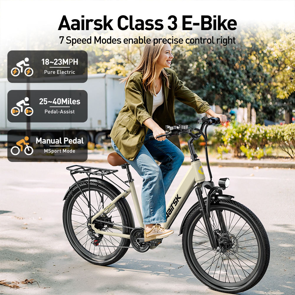 Aairsk SU7 24" Step-Through for Commuting City E-Bike — 24″ Wheels • Up to 52 km Range • Front Suspension • 7-Speed Drivetrain