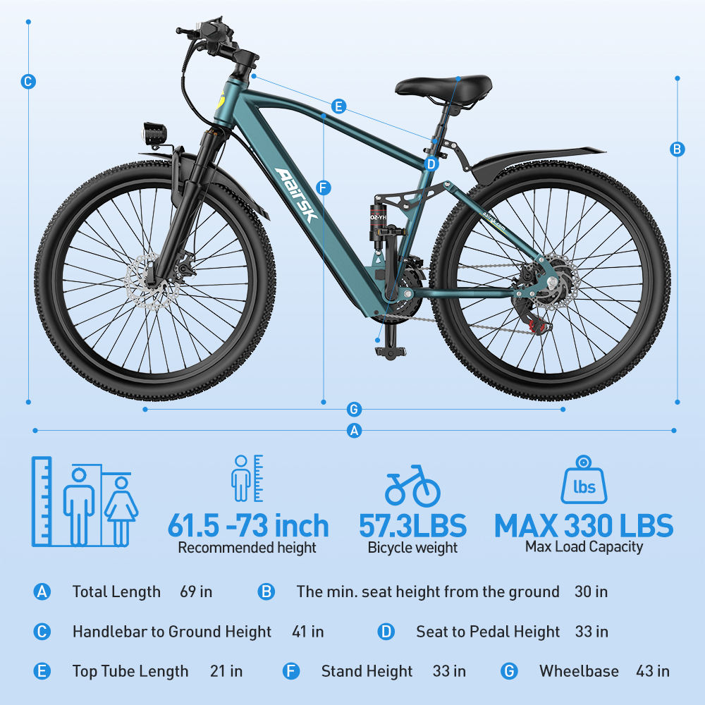 Aairsk GT900 24"/26"  Full Suspension Electric Mountain Bike — US Stock  • Up to 52 km Range • Color LCD & NFC Start