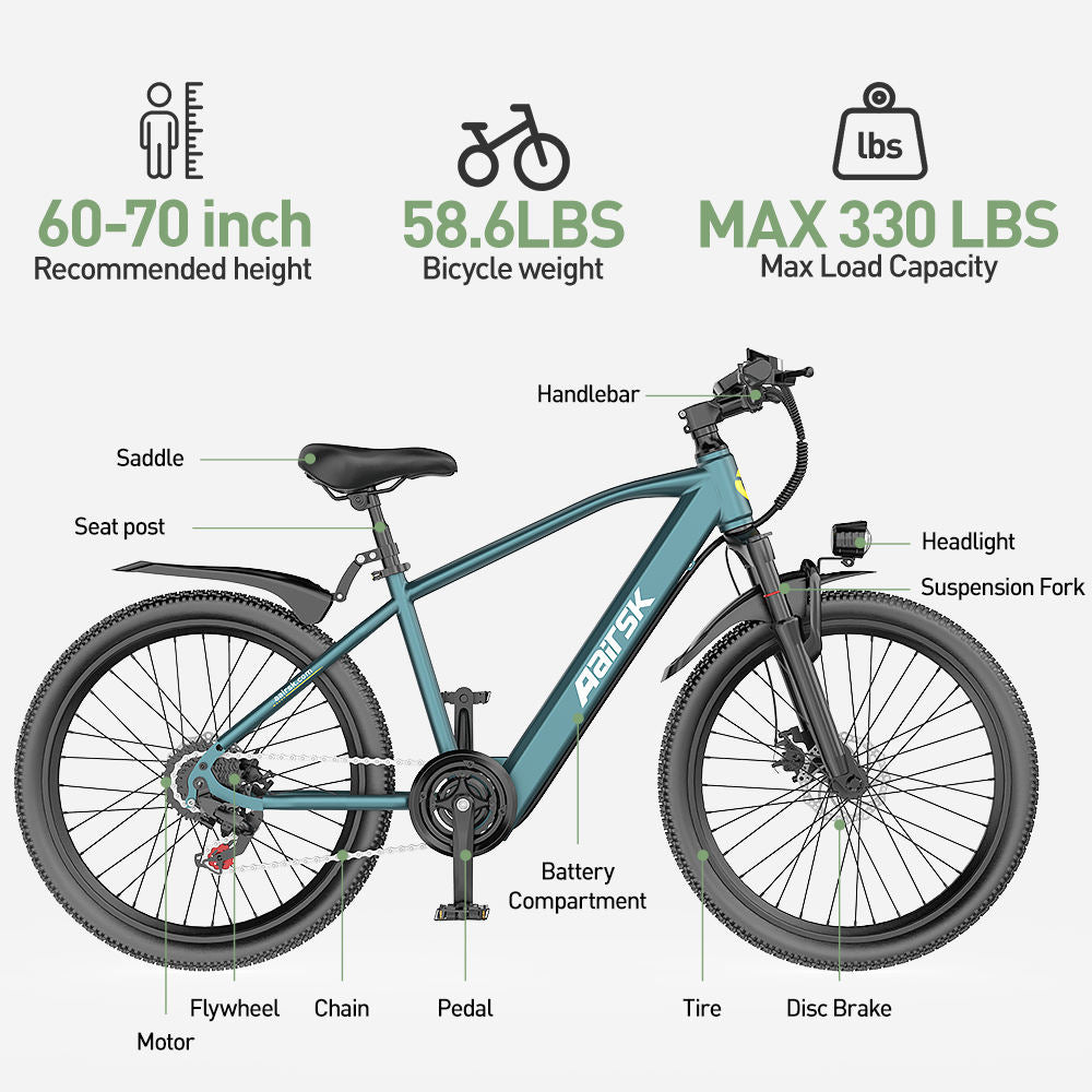 Aairsk GT300 24"/26" Electric Mountain Bike — US Stock  • Up to 52 km Range • Color LCD & NFC Start